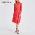Hollow Out Turtle Neck Long Sleeve Elegant Lady Pleated Sexy Midi Dress Women
